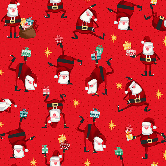 Christmas red fabric with a scattered design of tiny red dots and golden stars, topped with Santa figures in various dancing poses, holding Christmas gifts.