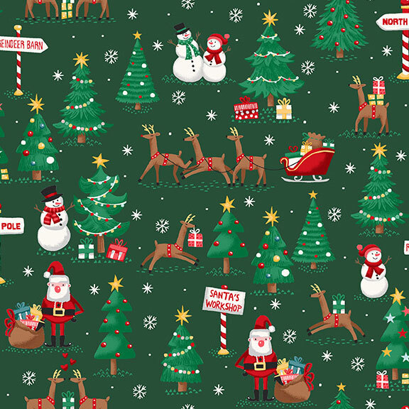 Pine green fabric with a Christmastime scene of reindeer on a sleigh, reindeer holding presents, Santa with his gift bags, snowmen, and more.