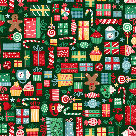 Pine green fabric with a medley of scattered Christmas motifs like wrapped gifts, candy canes, hot cocoa, gingerbread men, and more.