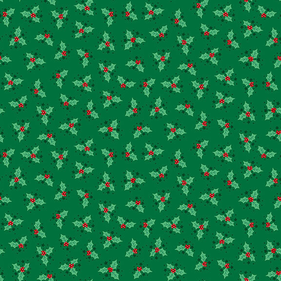 Dark green fabric with a tossed pattern of holly sprigs accented with pine green stars.