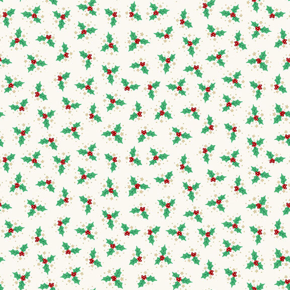 White fabric with a tossed pattern of holly sprigs accented with beige stars.