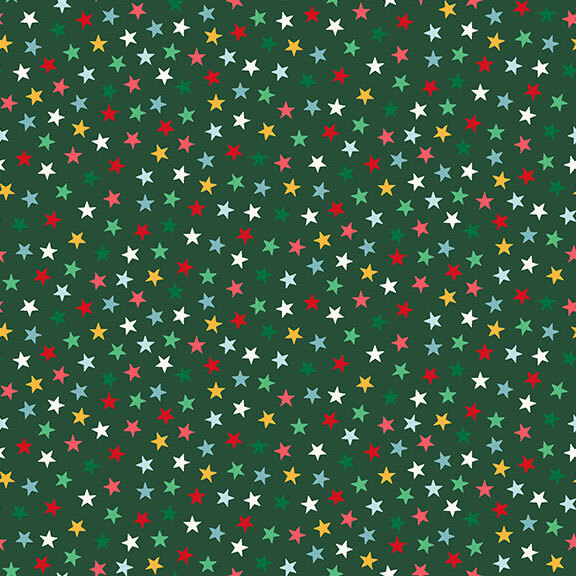 Pine green fabric with a dense, scattered pattern of multicolored stars.