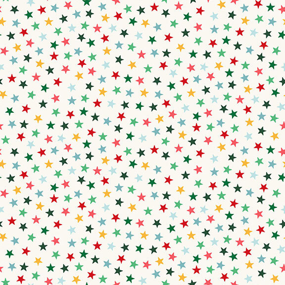 White fabric with a dense, scattered pattern of multicolored stars.