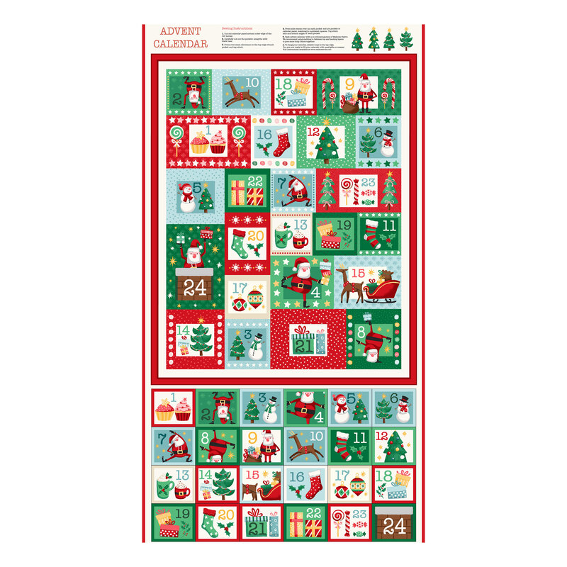 Multicolor panel that with two sets of 24 advent calendar-styled blocks full of Christmas motifs like pine trees, stockings, candy canes, Santa Claus, reindeer, and more.