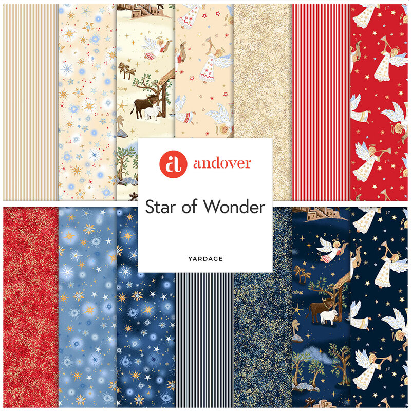 Patterned fabric swatches with a central “andover” label and star motifs in various colors.