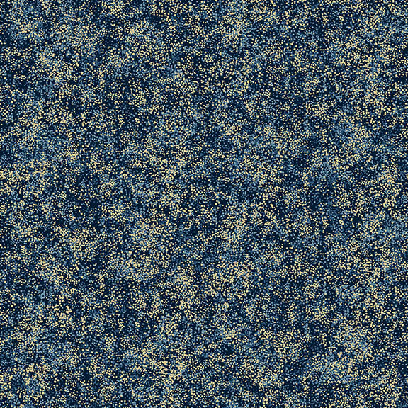 Midnight blue fabric with a dense spray of tonal and gold metallic speckles.