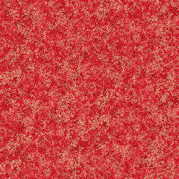 Bright red fabric with a dense spray of tonal and gold metallic speckles.