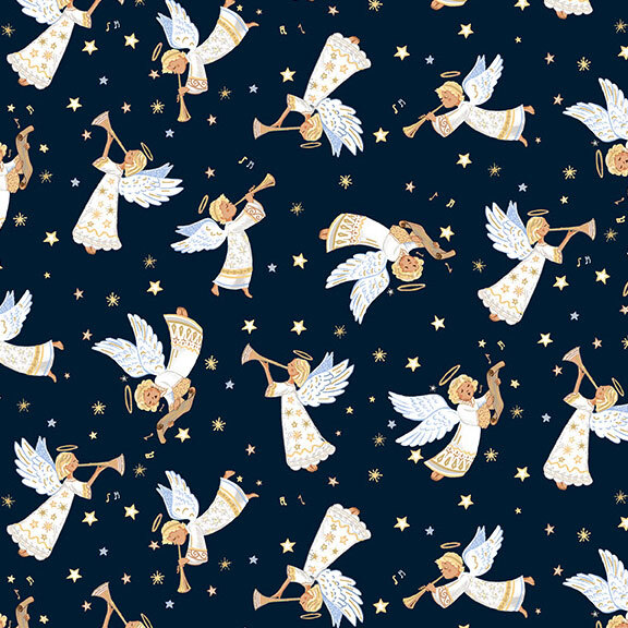 Midnight blue fabric with tossed angels joyously playing bugles.
