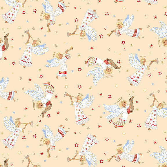 Cream fabric with tossed angels joyously playing bugles.