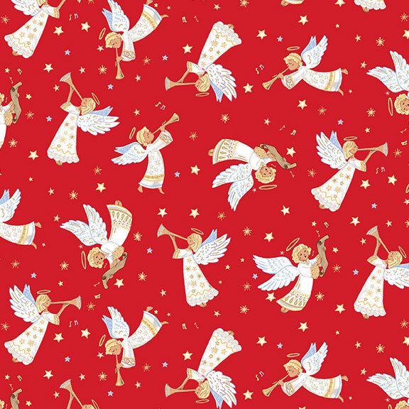 Bright red fabric with tossed angels joyously playing bugles.