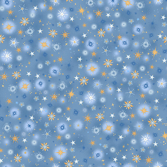 Medium blue fabric with starbursts in tonal shades and bright gold.