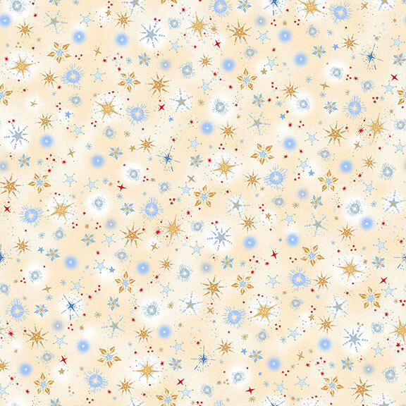 Cream fabric with starbursts in tonal shades, blue, red, and bright gold.