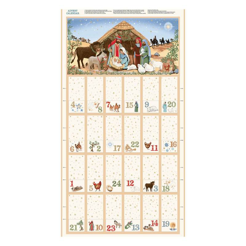 Cream advent calendar panel featuring a nativity scene as well as animals, stars, and inspired motifs.