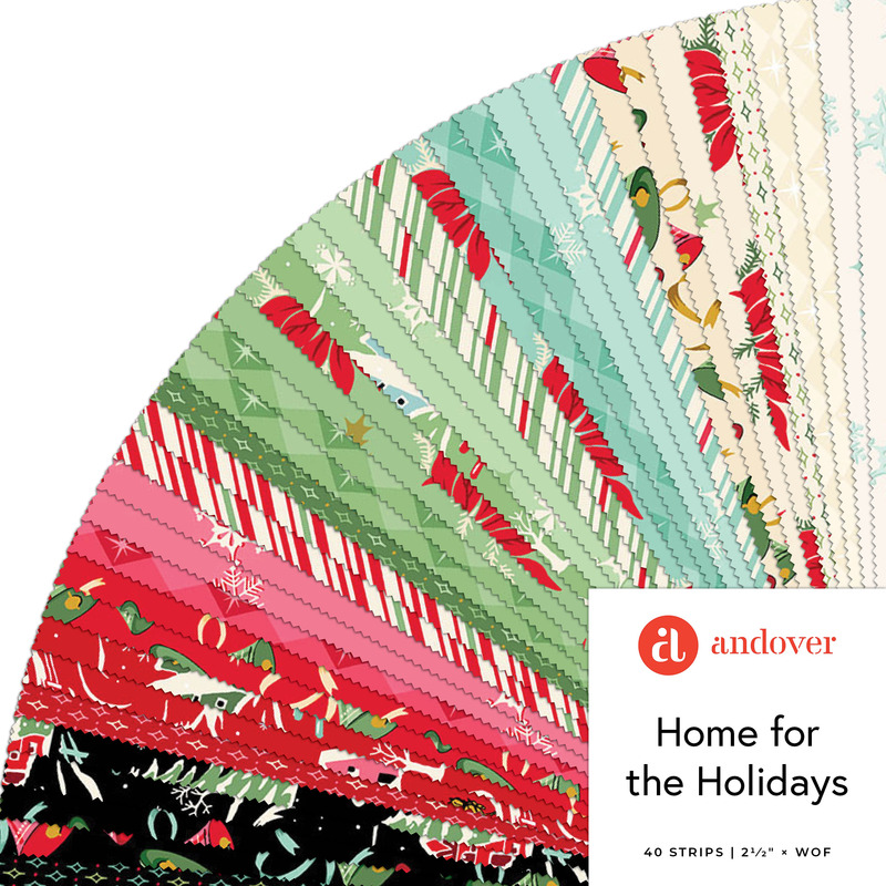 Digital fanned collage of the 2.5" Square Bundle from the Home for the Holidays fabric collection.
