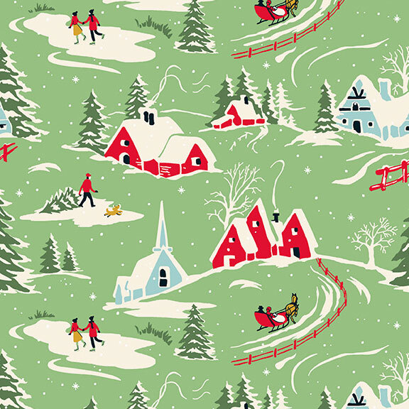 Green fabric with holiday village scenes.