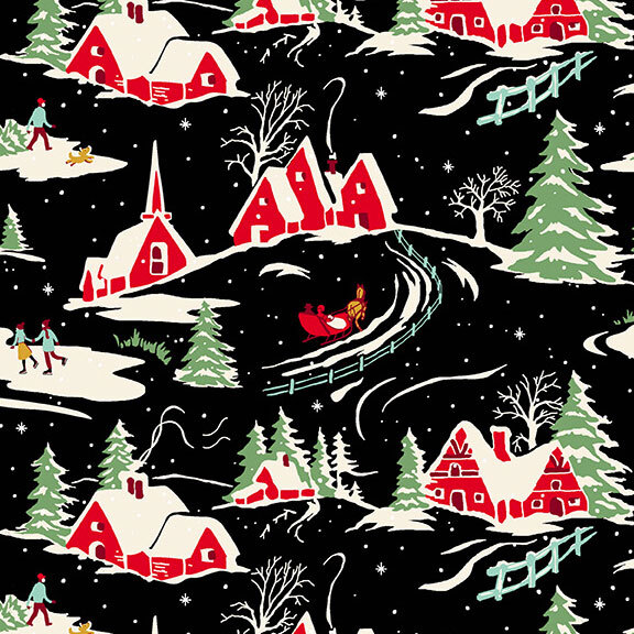 Black fabric with holiday village scenes.