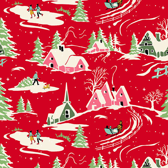 Red fabric with holiday village scenes.