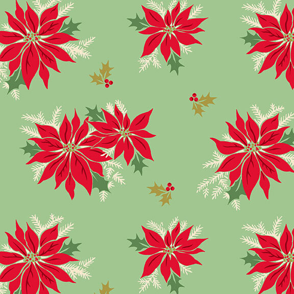 Green fabric with red poinsettia flowers and tossed holly leaves.