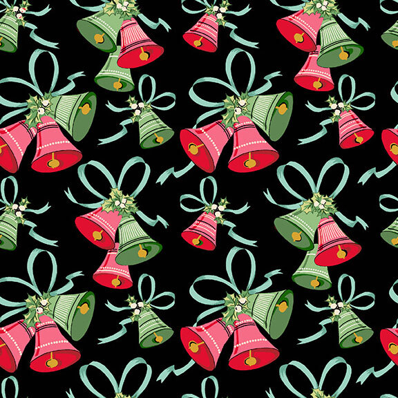 Black fabric with ringing red and green bells, ribbon, and holly leaves.