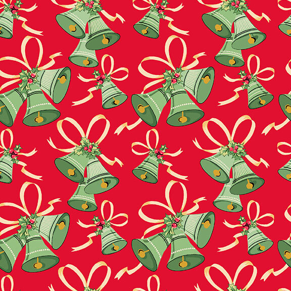 Red fabric with ringing green bells, ribbon, and holly leaves.