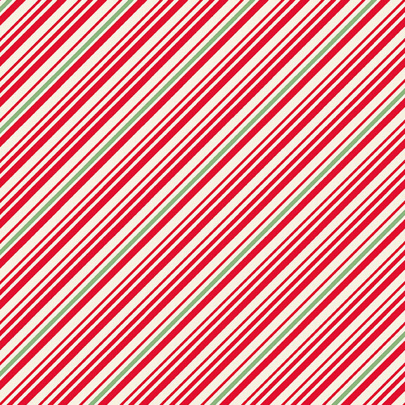 Green, red, and cream diagonally striped fabric.