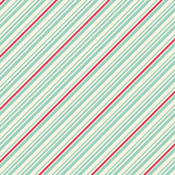 Aqua, red, and cream diagonally striped fabric.