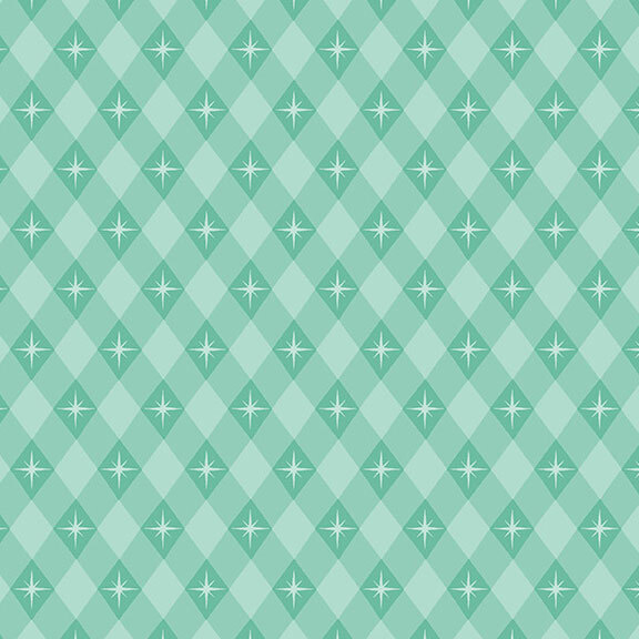 Aqua gingham fabric with rows of bright stars.