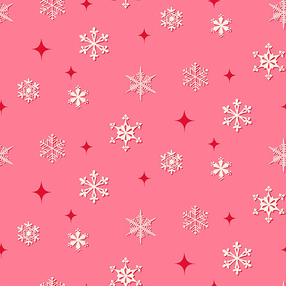Pink fabric with assorted snowflakes and dark, four-pointed stars.