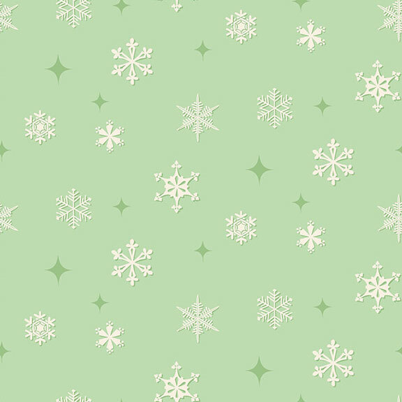Mint green fabric with assorted snowflakes and dark, four-pointed stars.
