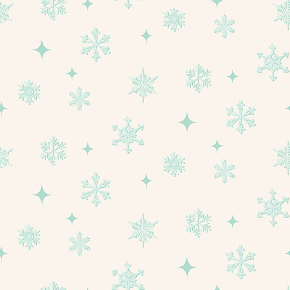 Cream fabric with assorted ice blue snowflakes and four-pointed stars.