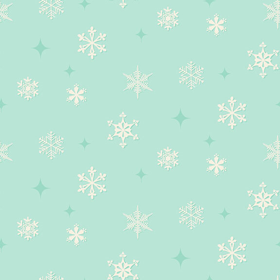 Aqua fabric with assorted white snowflakes and four-pointed stars.