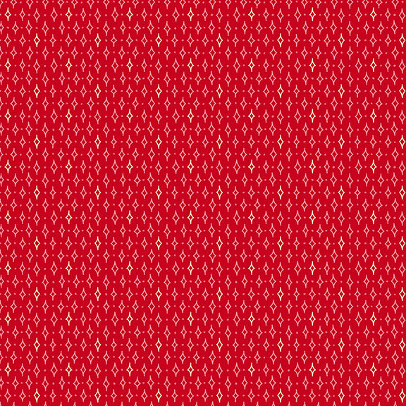 Red fabric with rows of tiny stars and dots.