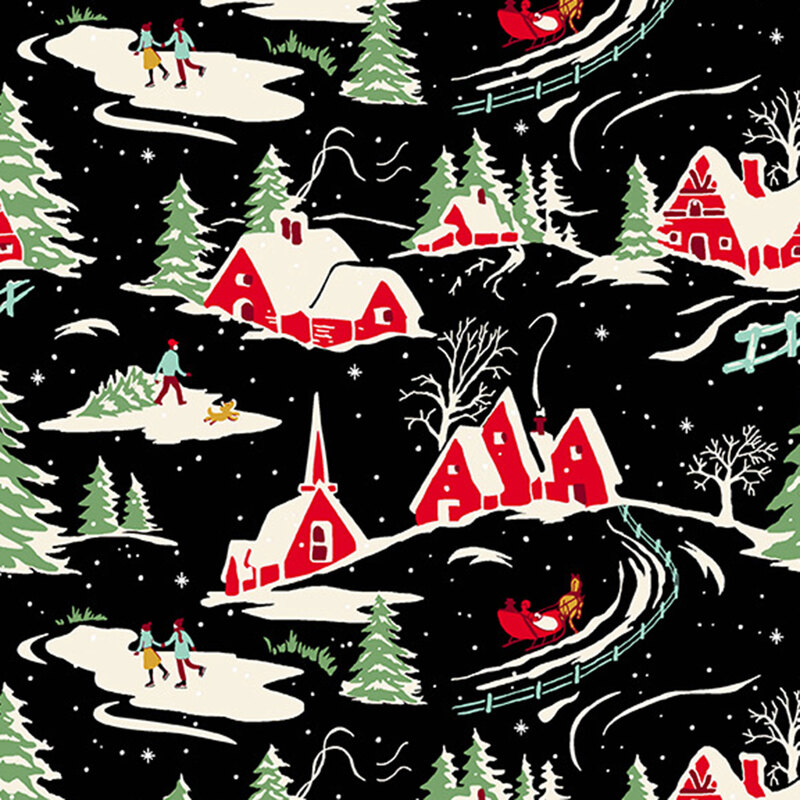 Black fabric with holiday village scenes.