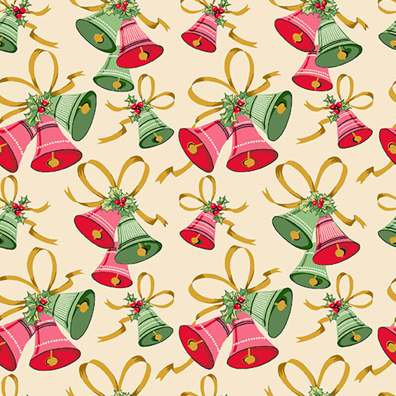 Cream fabric with ringing red and green bells with golden ribbon and holly leaves.