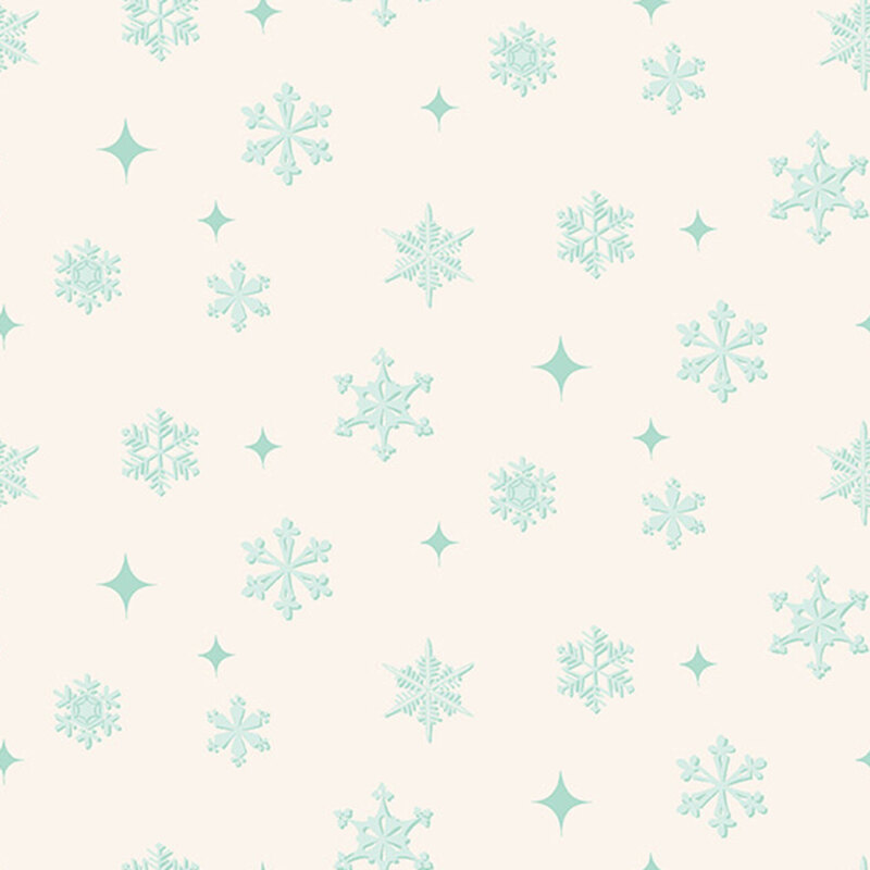 Cream fabric with assorted ice blue snowflakes and four-pointed stars.