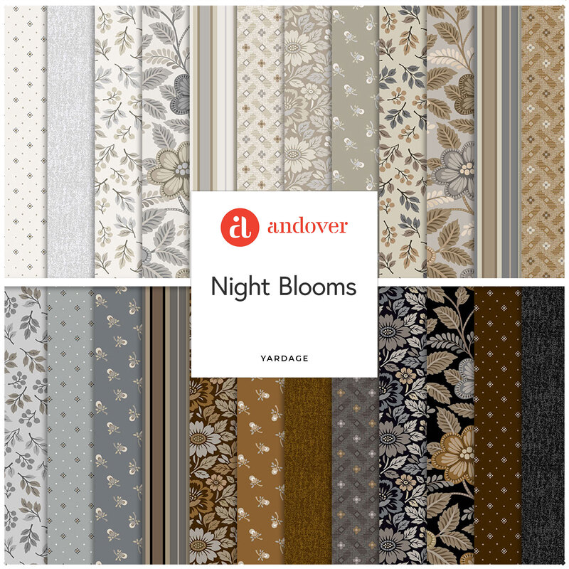 Digital collage of the available yardage fabrics from the Night Blooms fabric collection.