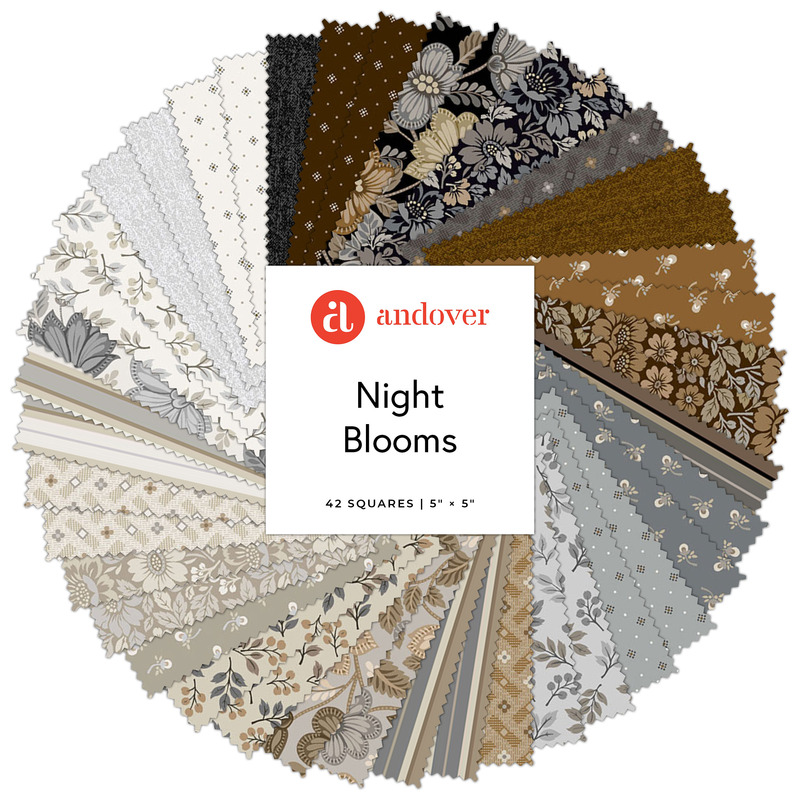 Digital collage of the 5" Squares Bundle from the Night Blooms fabric collection.