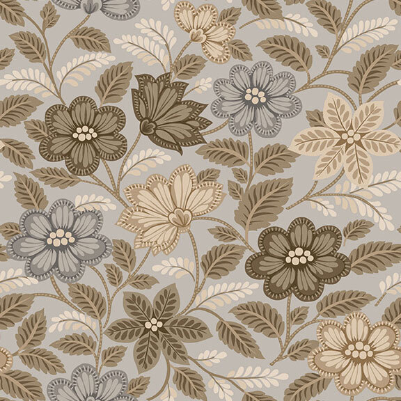 Smoke gray fabric with a neutral floral and vine print.