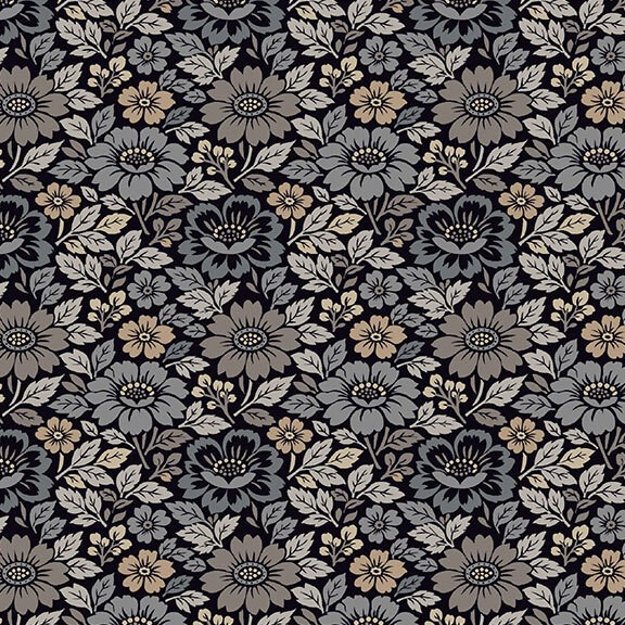 Black fabric with a packed design of neutral-toned leaves and florals.