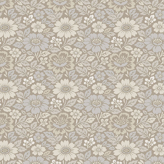 Sand-tan fabric with a packed design of neutral-toned leaves and florals.