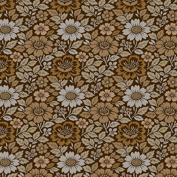 Espresso brown fabric with a packed design of neutral-toned leaves and florals.