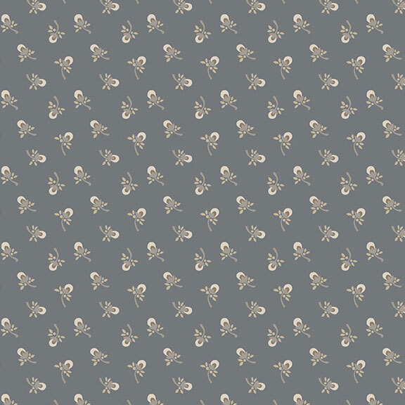 Slate gray fabric with a balanced, tossed pattern of neutral flower buds.