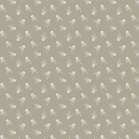 Stone gray fabric with a balanced, tossed pattern of neutral flower buds.