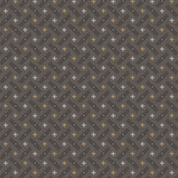 Textured, soft black fabric with a balanced grid of neutral-toned floral blooms and geometrics.