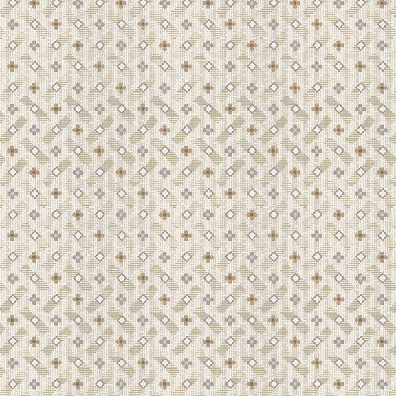 Textured, soft greige fabric with a balanced grid of neutral-toned floral blooms and geometrics.