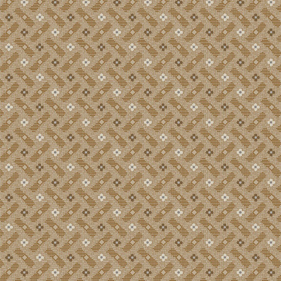 Textured, soft taupe fabric with a balanced grid of neutral-toned floral blooms and geometrics.