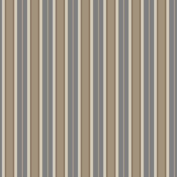 Fabric with a neutral-toned pattern of walnut, slate gray, greige, and taupe stripes.