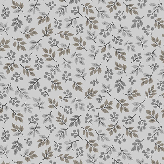 Light gray fabric with a tossed pattern of neutral-toned leafy sprigs.
