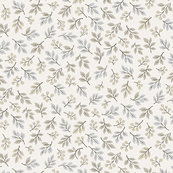 Light smoke gray fabric with a tossed pattern of neutral-toned leafy sprigs.