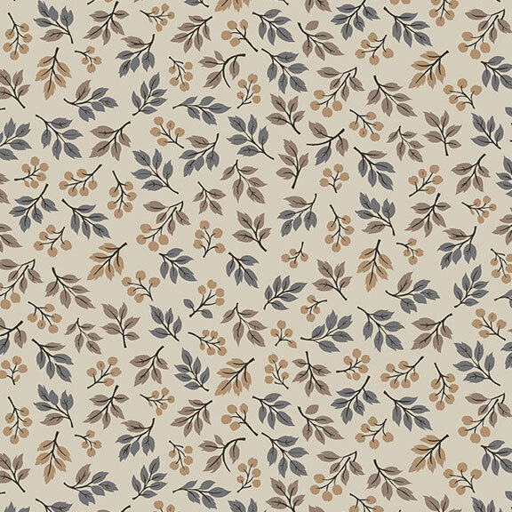 Light palomino fabric with a tossed pattern of neutral-toned leafy sprigs.